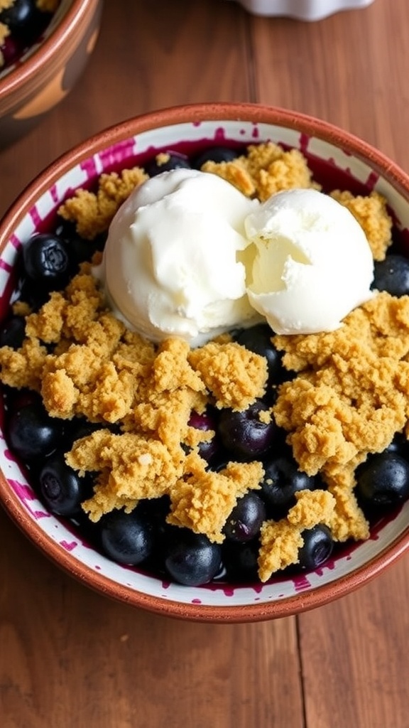 A bowl of blueberry crumble with a scoop of vanilla ice cream on top, set on a rustic wooden table.
